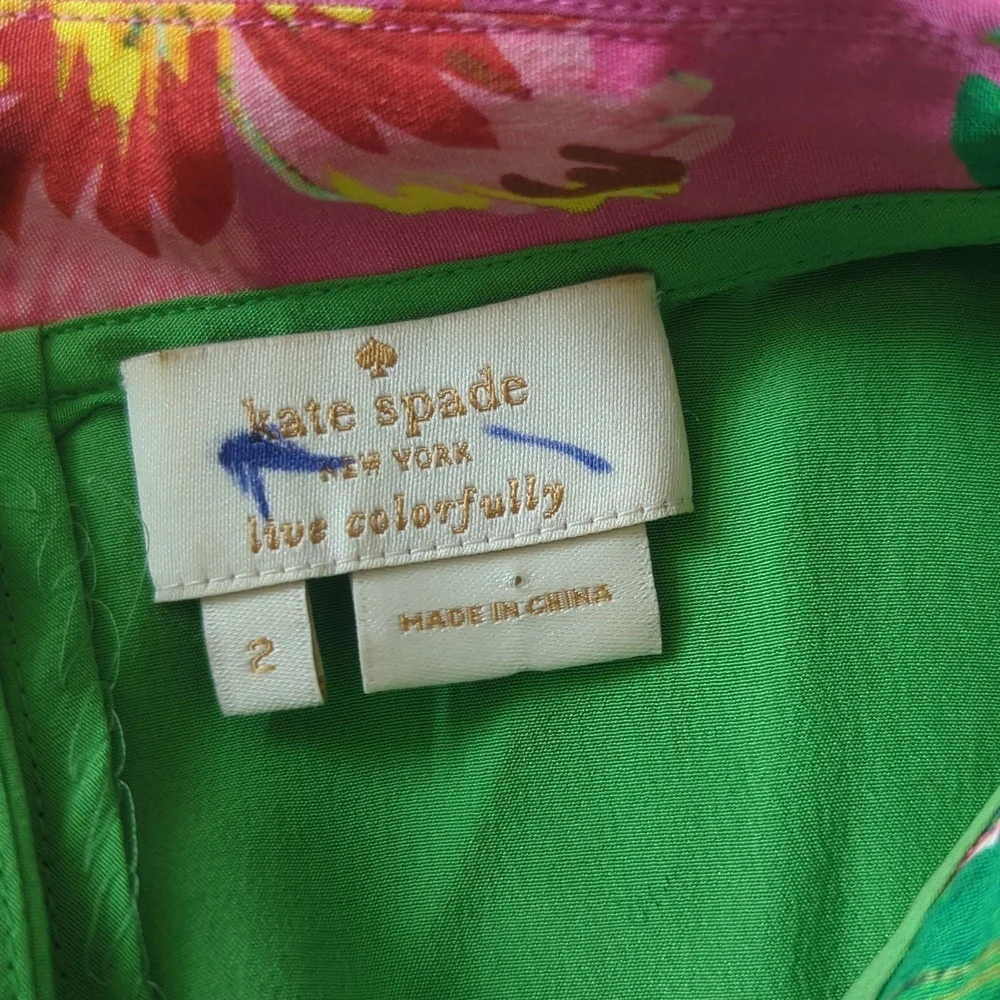 Kate Spade Bright Green Short-Sleeve Top with Pink Floral Collar